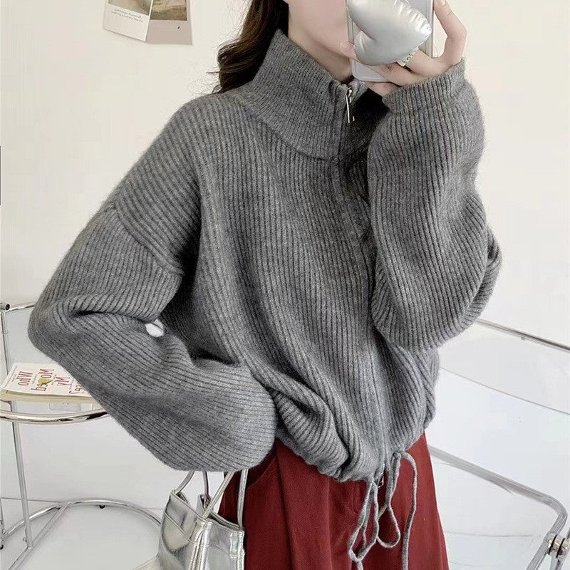 Solid Color Long Sleeve Zipper Drawstring Hemline Knitted Cardigan Sweater