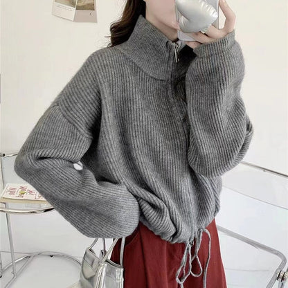 Solid Color Long Sleeve Zipper Drawstring Hemline Knitted Cardigan Sweater