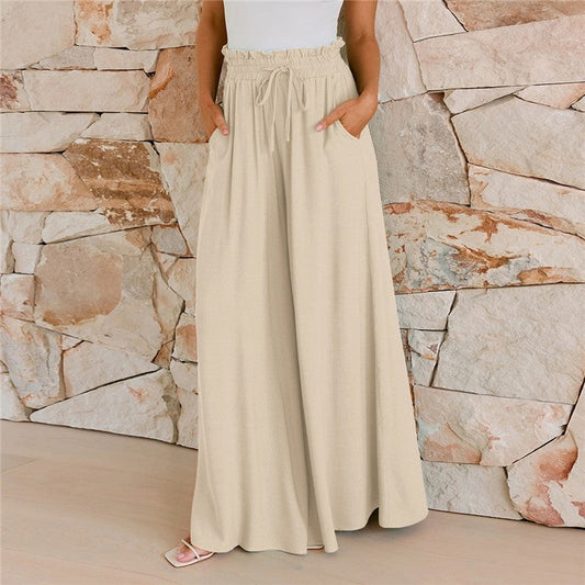 Relaxed Fit Solid Color Wide-Leg Trousers