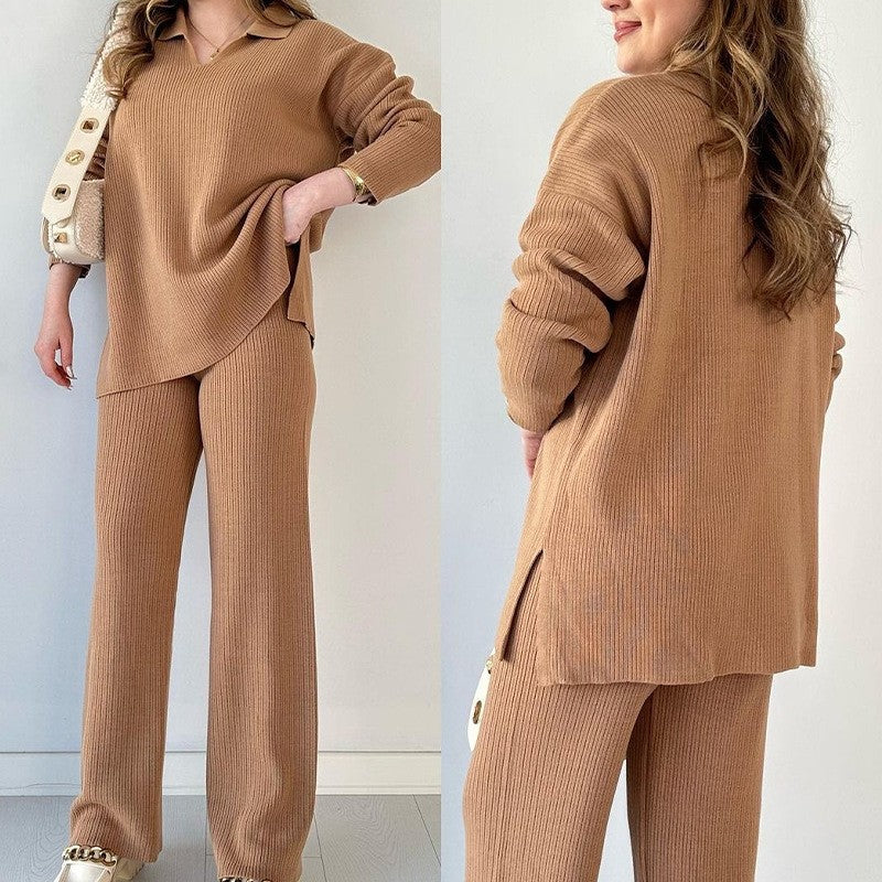 Solid Color Long Sleeve Lapel Top And Pants Knitted Casual Loose Two Pieces Suits