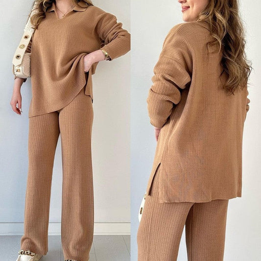 Solid Color Long Sleeve Lapel Top And Pants Knitted Casual Loose Two Pieces Suits