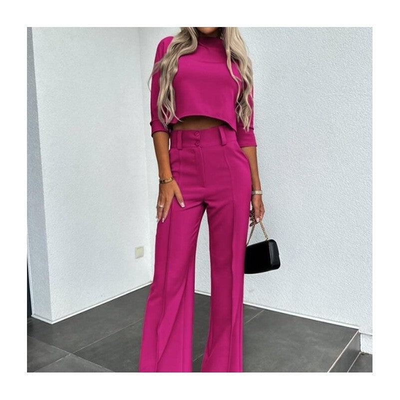 Solid Color Nine-Quarter Sleeve Top and Long Pants Ensemble