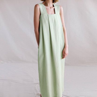 Linen Sleeveless Loose Mandarin-Collar Maxi Dress