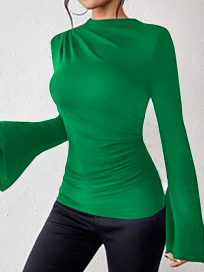 Flared Sleeve Boat Neck Long Sleeve Pleated Solid Color T-Shirt