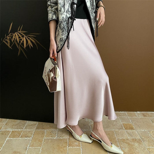 High-Waisted Satin Mermaid Midi Skirt with Draped Slit