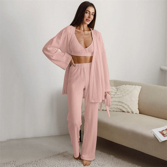 Casual Loose Knitted Solid Color Bralette and Long Sleeve Sweater with Waist Tie, Outerwear, and Pants Three-P