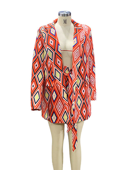Long Sleeves Loose Buttoned Pockets Printed Notched Collar Blazer Top + Shorts Bottom Two Pieces Set