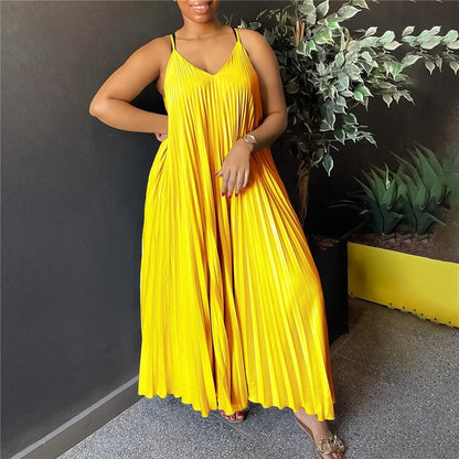 Solid Color Halter Pleated A-Line Dress