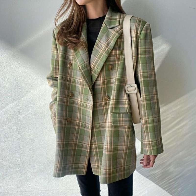Casual Color Block Plaid Loose Fit Blazer