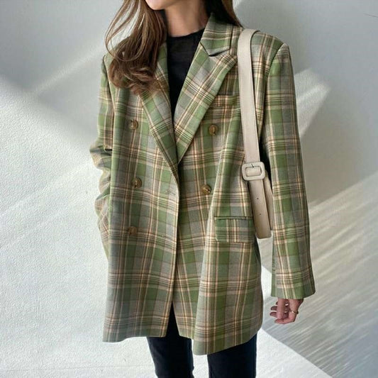 Casual Color Block Plaid Loose Fit Blazer