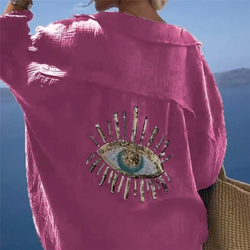 Embroidered Collar Long Sleeve Shirt in Solid Color