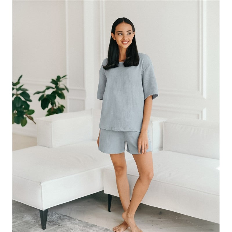 Solid Color Crewneck Short Sleeve T-Shirt and Shorts Set - Loose Fit, Lightweight Loungewear