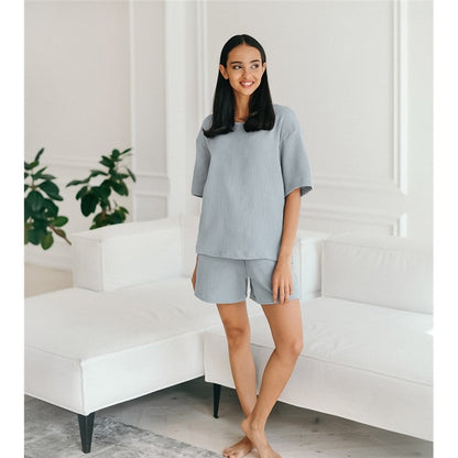 Solid Color Crewneck Short Sleeve T-Shirt and Shorts Set - Loose Fit, Lightweight Loungewear
