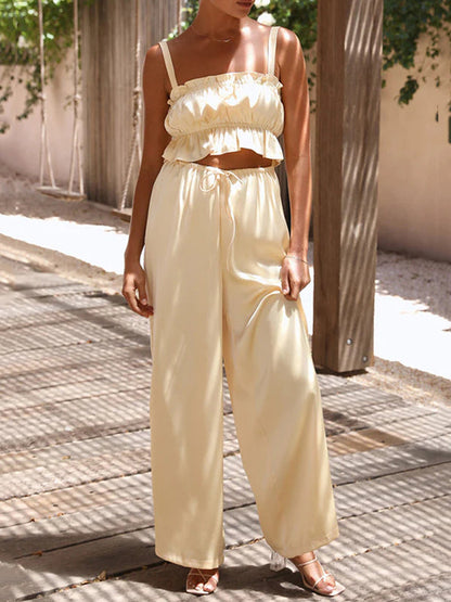 Elasticity Pleated Solid Color Spaghetti-Neck Tops + High Waisted Drawstring Pants Trousers Two Pieces Set