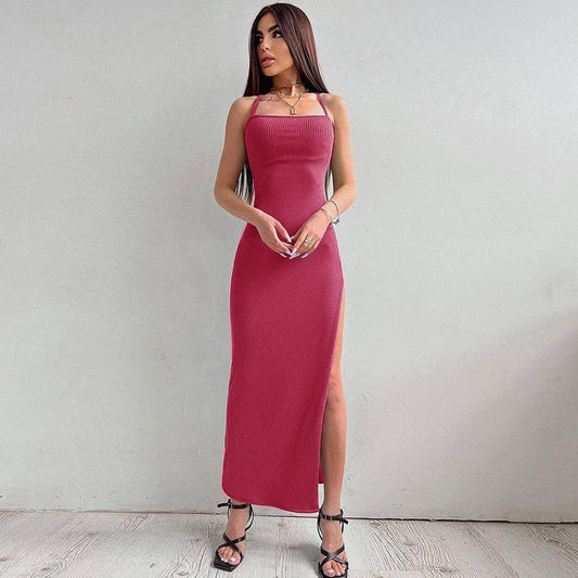 Solid Color Backless Halter Dress with High Split