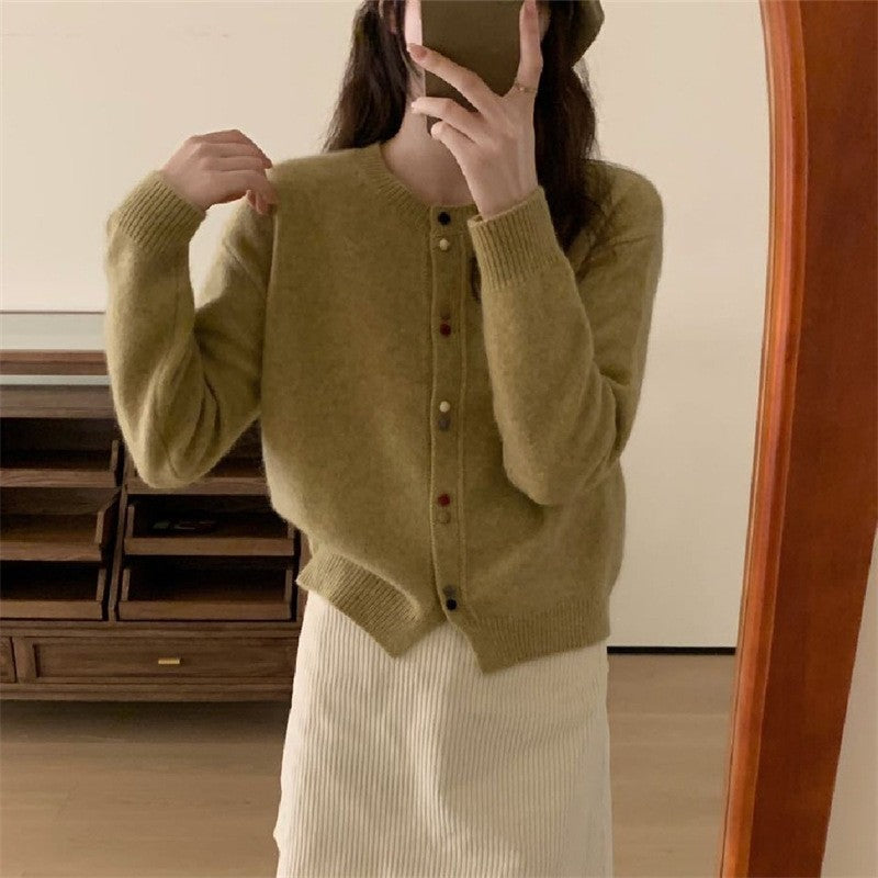 Solid Color Long Sleeve Crewneck Buttoned Short Cardigan Sweater