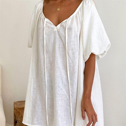 Relaxed Fit Bubble Sleeve Nightgown with Front Tie