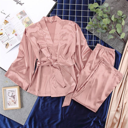 Solid Color Satin Tie Pajama Set