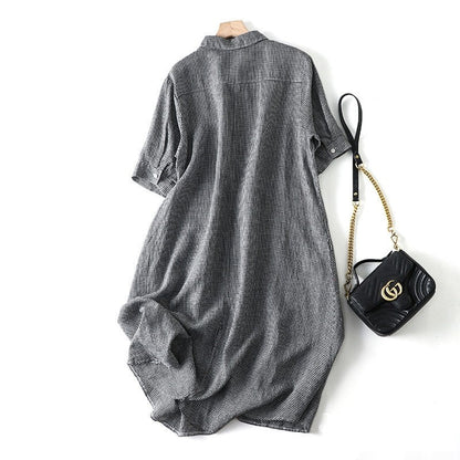 Short Sleeve Lapel A-Line Ramie Cotton Casual Retro Dress