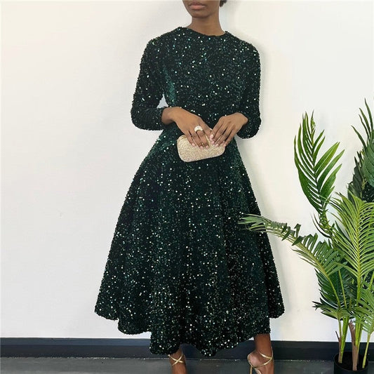 Sequin Embellished Long Sleeve High Waist Formal Dress