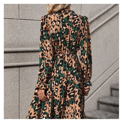 Leopard Print Belted Long Sleeve Midi Dress