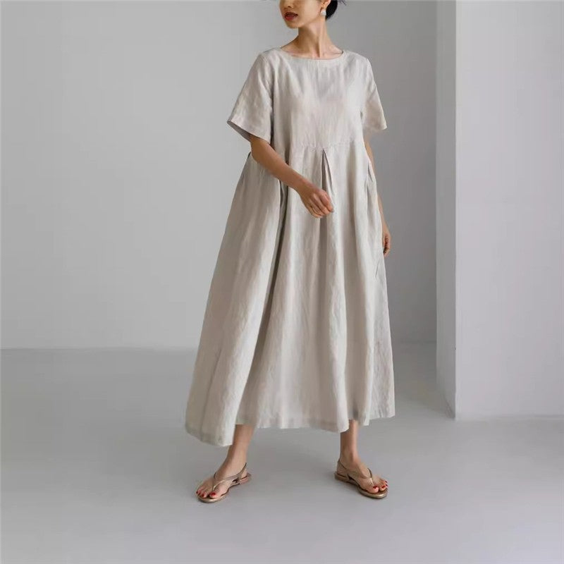 Loose-Fit Solid Color Plus Size Round Neck Long Dress