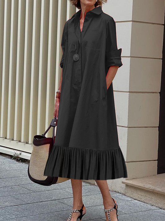 Solid Color A-Line Midi Dress with Long Sleeves and Pleated Lapel Collar