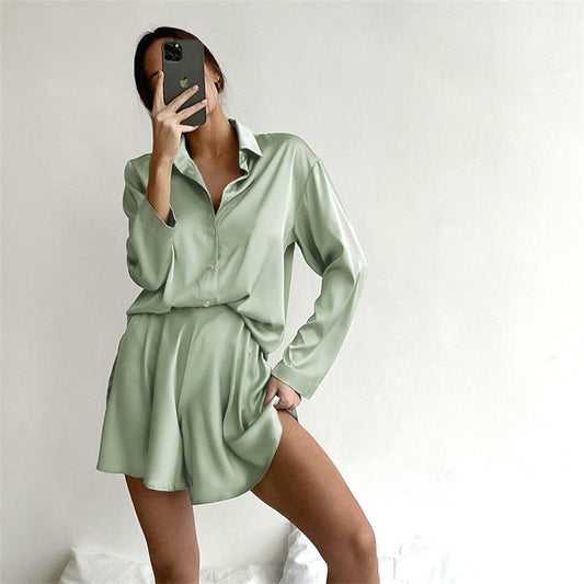 New Silk Lapel Long Sleeve Two-Piece Women's Pajama Set