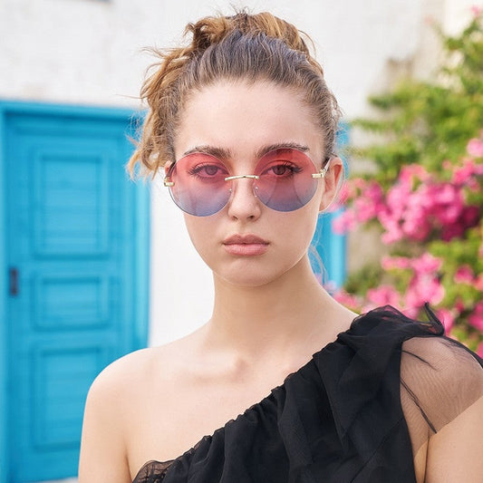 Ladies' Rimless Round Wood Grain Cut Edged Sunglasses