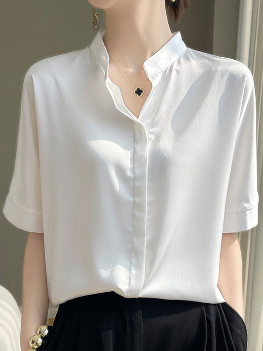 Loose Short Sleeves Buttoned Solid Color Stand Collar Blouses&Shirts Tops