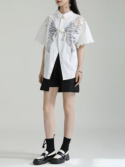 Half Sleeves Loose Buttoned Mesh Reversible See-Through Split-Back Split-Joint Lapel Blouses&Shirts Tops