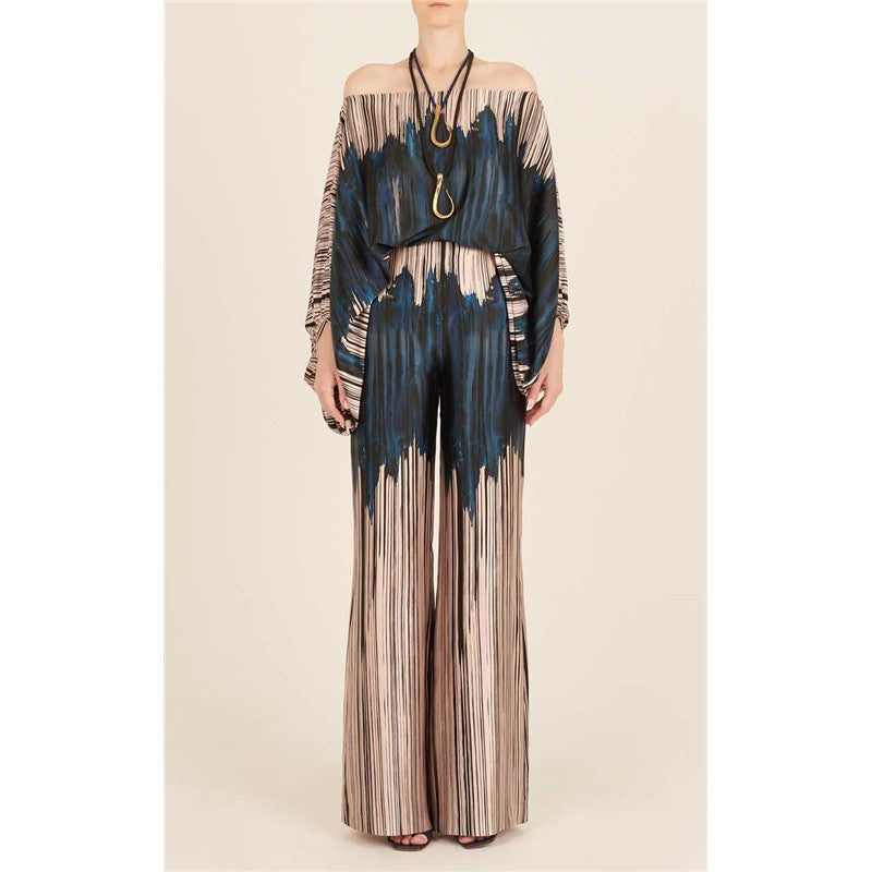 Printing Boat Neck Balloon Sleeve Top And Wide Leg Pants Two Pieces Suits