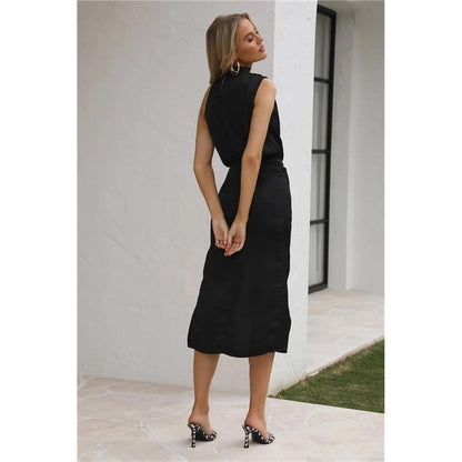 Solid Color Sleeveless High Waisted Slit Satin Maxi Dress