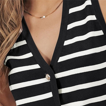 Chic Striped Sleeveless Button-Up Cardigan