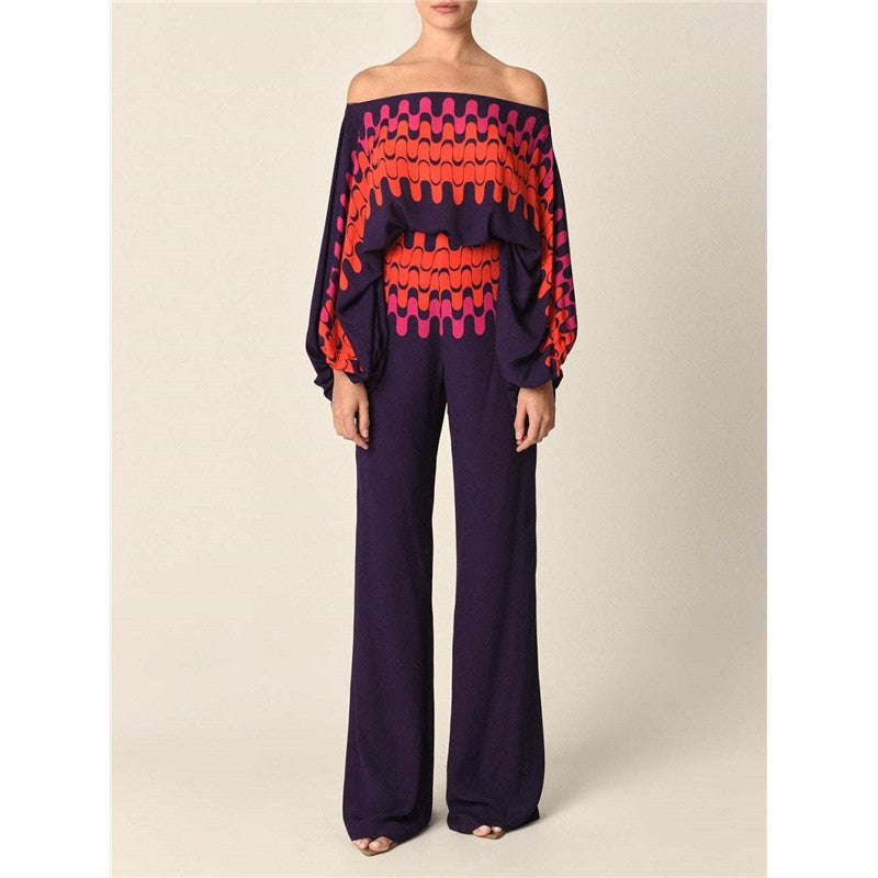 Printing Boat Neck Balloon Sleeve Top And Wide Leg Pants Two Pieces Suits