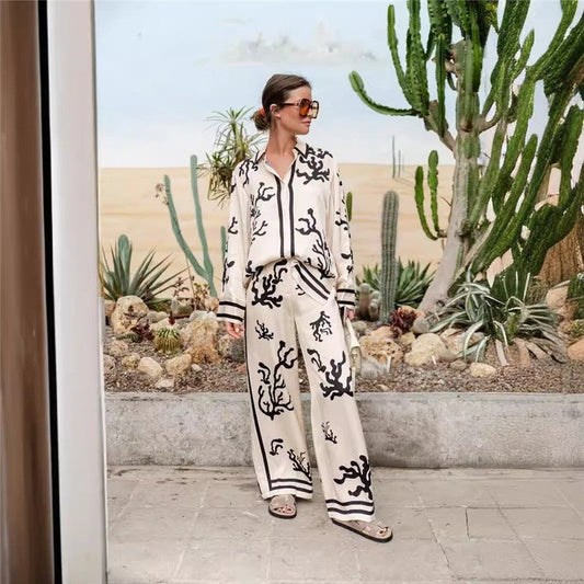 Chic Satin Color Block Printed Suit