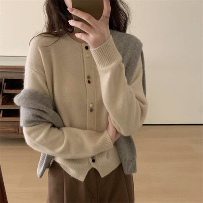 Solid Color Long Sleeve Crewneck Buttoned Short Cardigan Sweater
