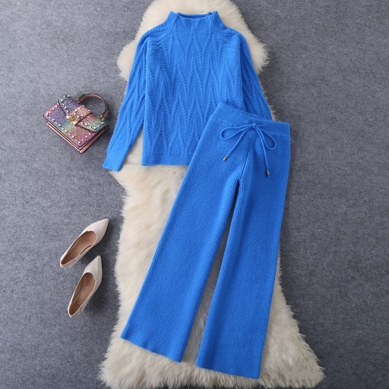 Solid Color Jacquard Long Sleeve Top And Pants Knit Set