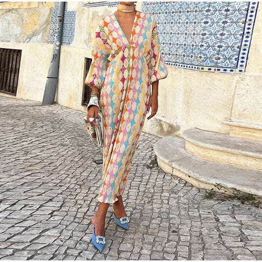 Retro Maxi Dress with Deep V-Neck and Long Sleeves