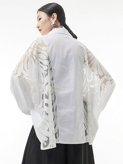 Urban See-Through Lace Split-Joint Lapel Blouse