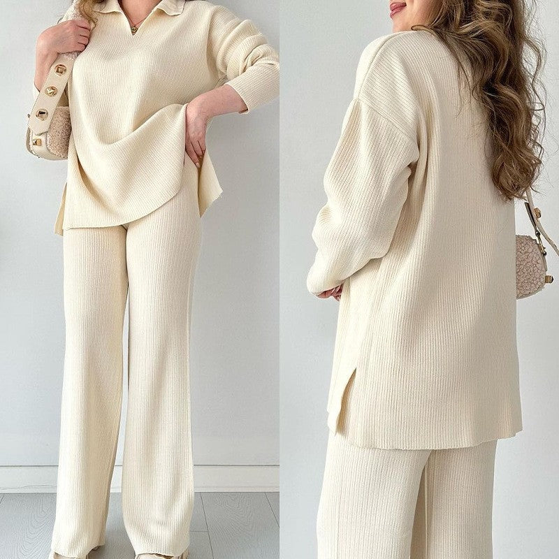 Solid Color Long Sleeve Lapel Top And Pants Knitted Casual Loose Two Pieces Suits
