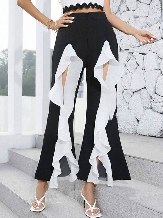 High Waisted Loose Contrast Color Pleated Split-Front Split-Joint Pants Trousers