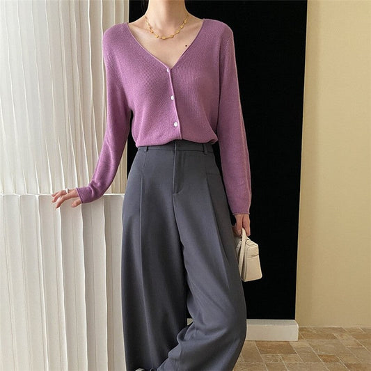 Solid Color V-Neck Ribbed Knit Cardigan