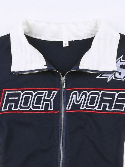 Long Sleeves Skinny Contrast Color Letter Print Split-Joint High Neck Jackets