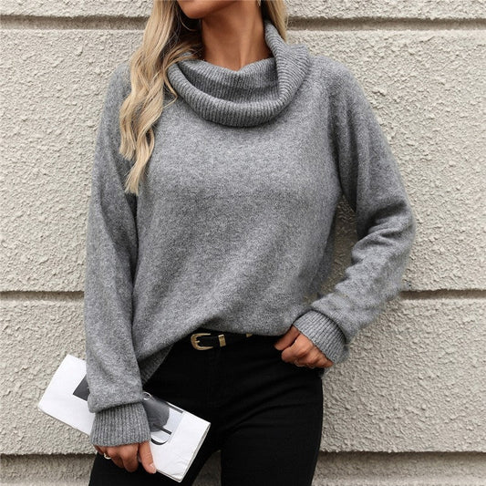 Solid Color Long Sleeve Pile Collar Casual Pullover Sweater
