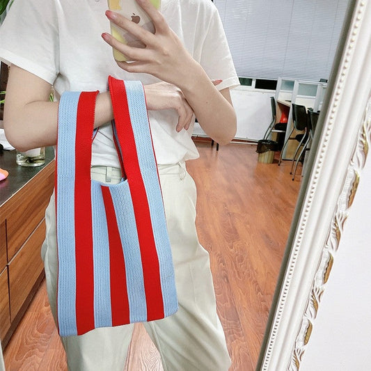 Contrast Color Striped Openning Knitted Handbag