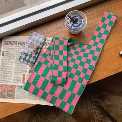 Trendy Color-Block Striped Checkered Knit Shopping Bag