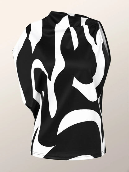 Flowy Sleeveless One Shoulder Top with Asymmetrical Contrast Color Print