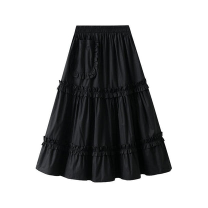 Elegant Solid Color Elastic Waist Ruffled A-Line Skirt