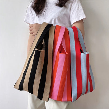 Contrast Color Striped Openning Knitted Handbag